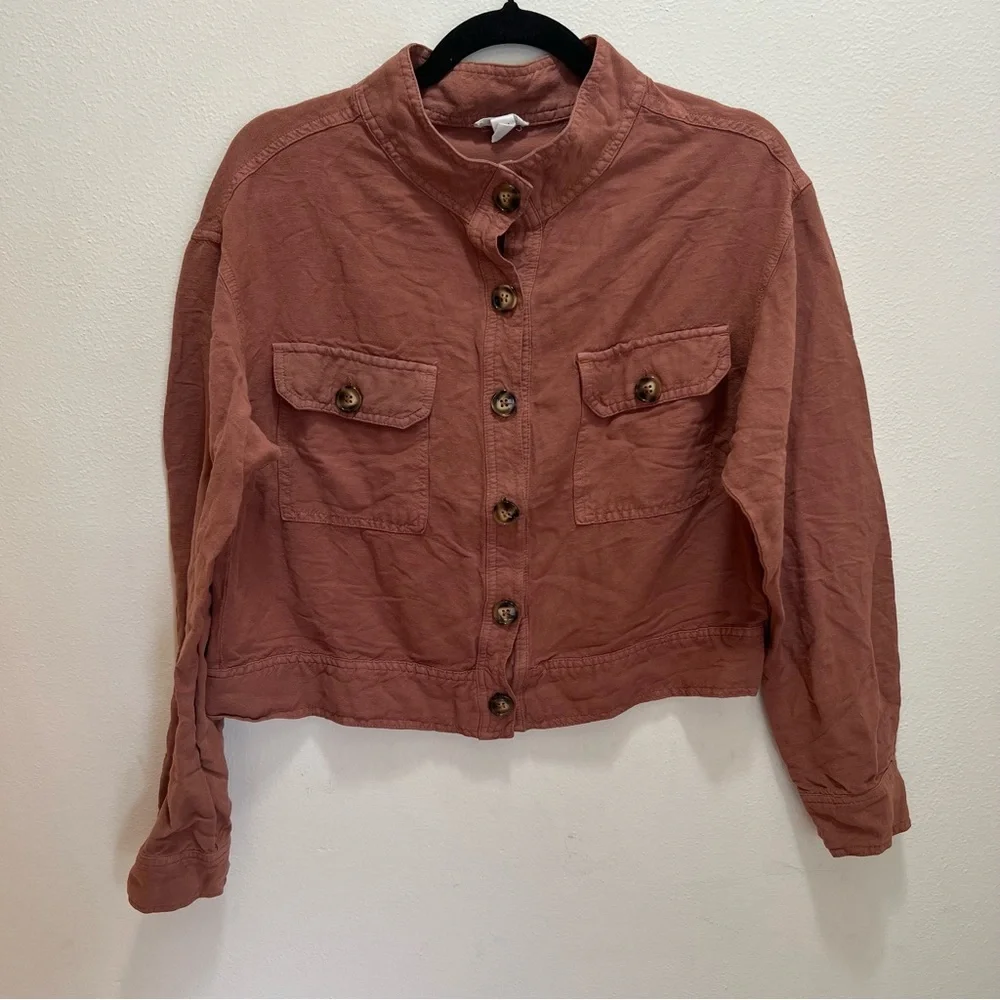 Tribal Jeans Terracotta Linen Blend Utility Jacket Cropped Mock Neck Rust Medium